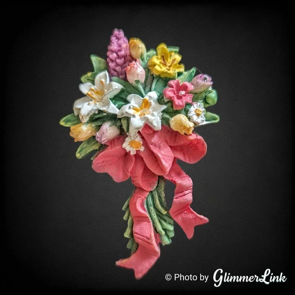 Vintage Multicolor Resin Bouquet Lilies, Tulips & Hyacinth Floral Pin